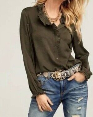 Cabi satin olive green button up ruffled blouse Victorian feminine romantic